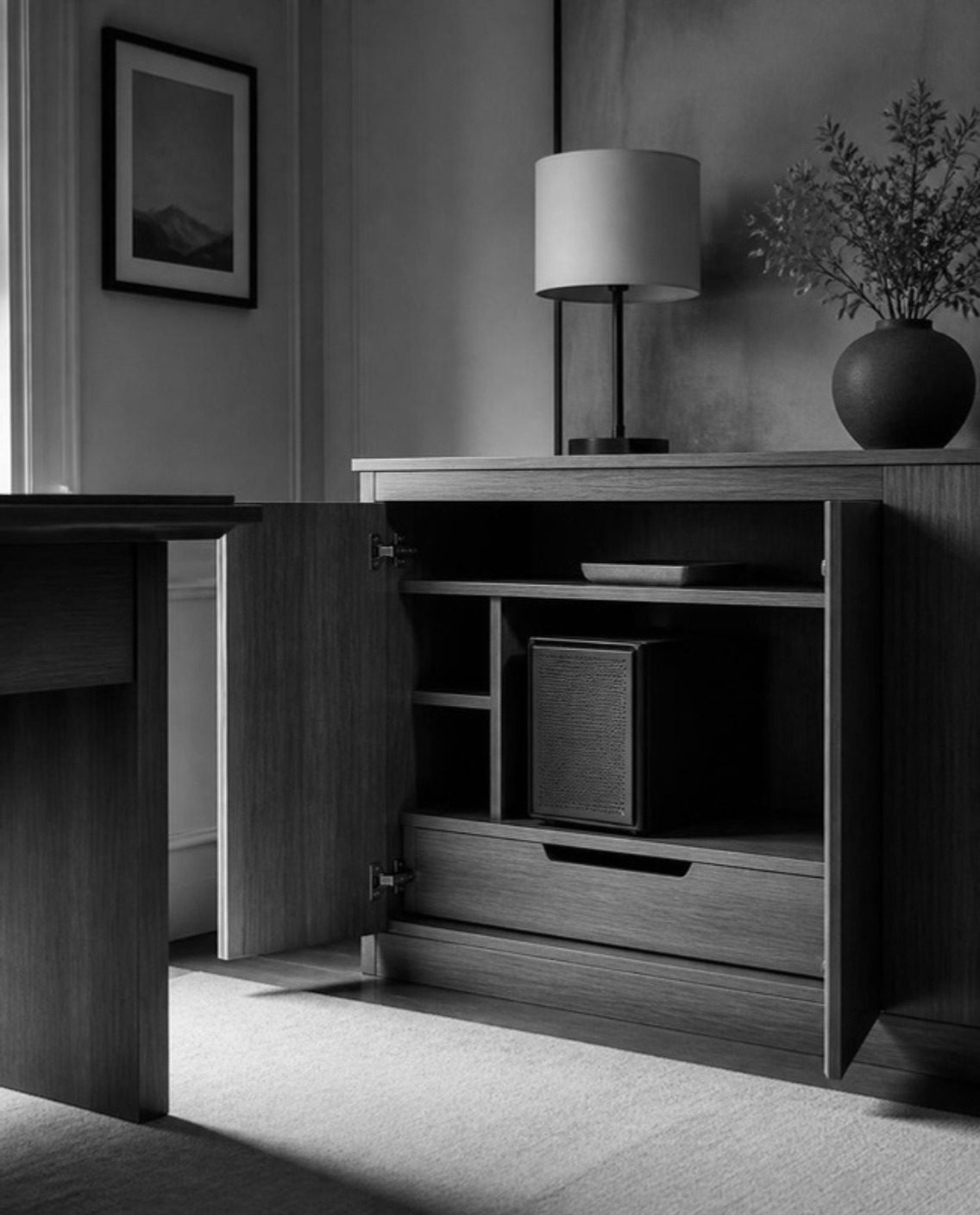A small private server inside a walnut cabinet in a private office